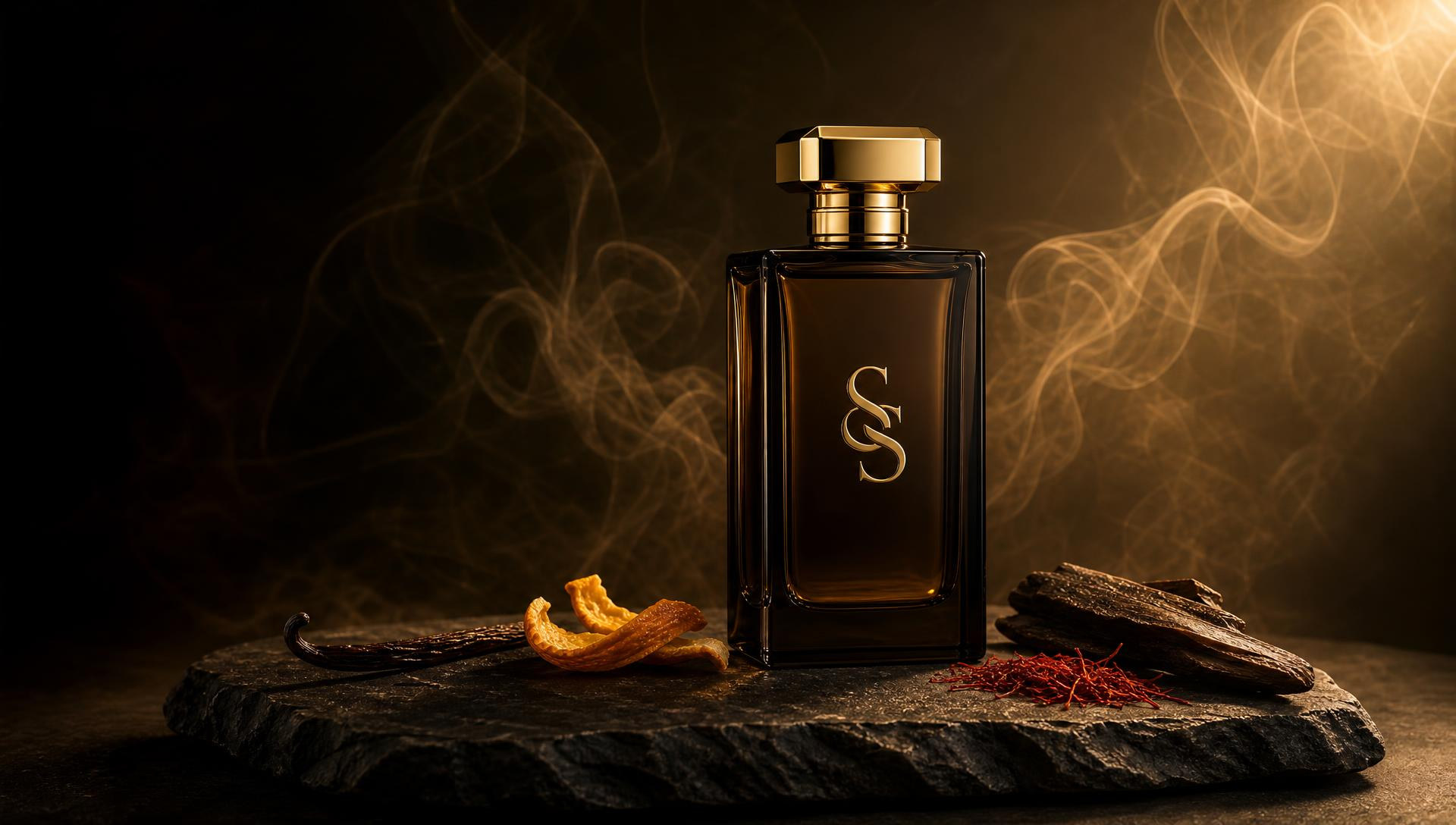 Smoky dark glass Scent Stash fragrance bottle with a gold SS monogram on slate, amid amber smoke, vanilla pod, orange peel, oud wood and saffron